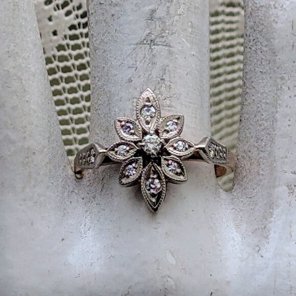 Antique Vintage Russian USSR Solid 14K Rose Pink White Gold Diamond Cluster Ring - Picture 7 of 15